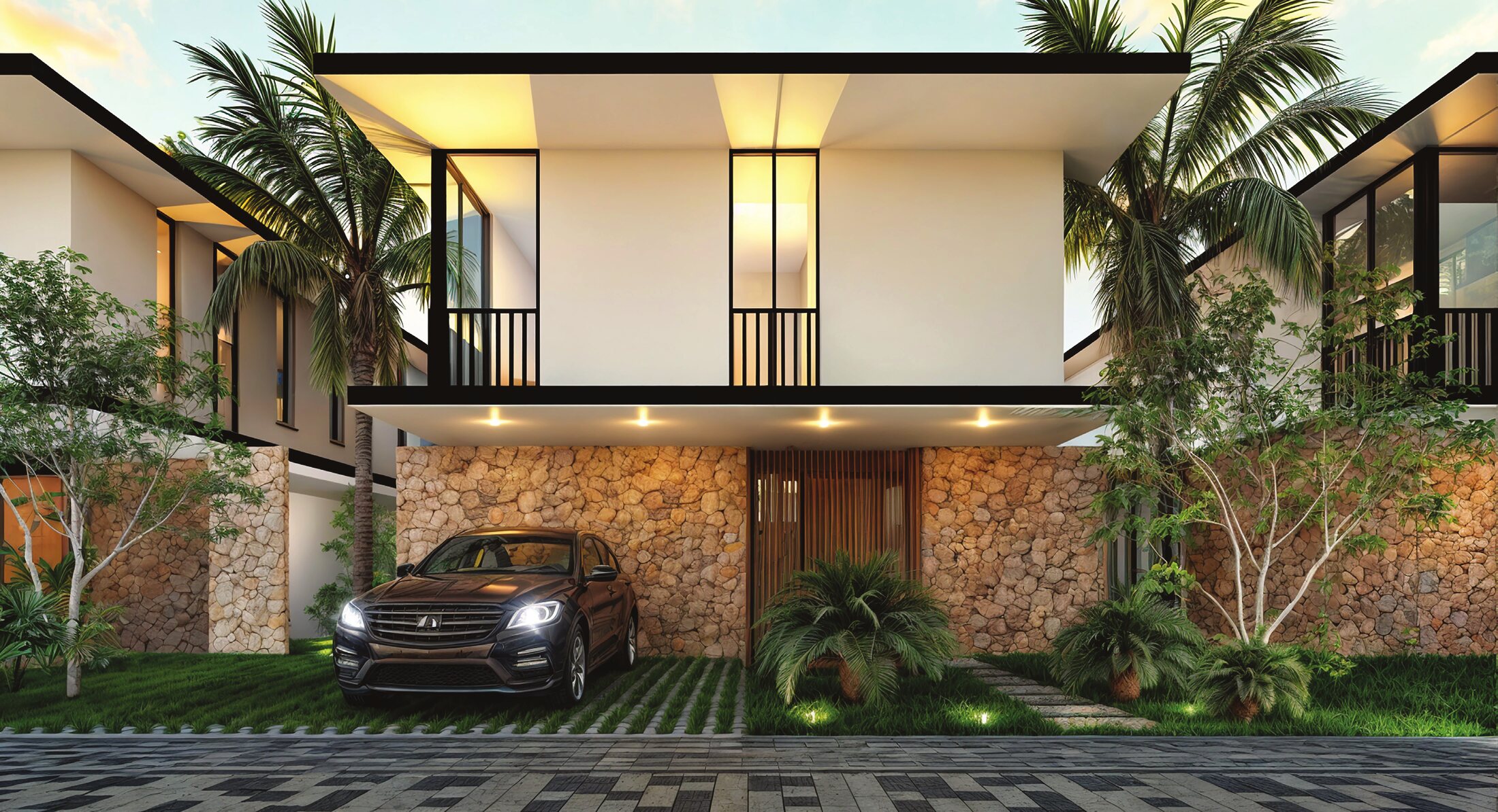 Fachada de villa con palmeras y acceso vehicular